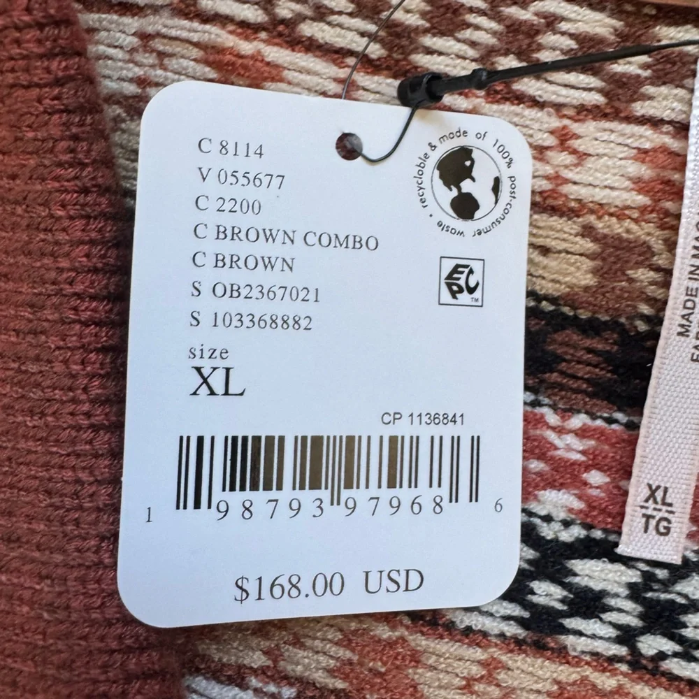 NWT FREE PEOPLE Oak and Pine Brown Black Women's Cardigan Sweater Size XL
